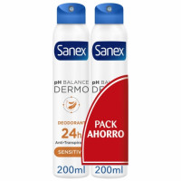 Desodorante en spray dermo sensitive protección 24h Sanex pack de 2 unidades de 200 ml.