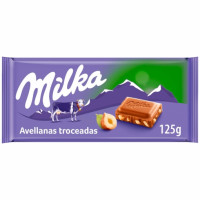 Chocolate con leche con avellanas troceadas Milka 125 g.