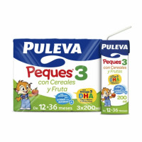 Preparado lácteo infantil de crecimiento con cereales y fruta de 12 a 36 meses Puleva Peques 3 pack de 3 unidades de 200 ml.