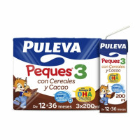 Preparado lácteo infantil de crecimiento con cereales y cacao de 12 a 36 meses Puleva Peques 3 pack de 3 unidades de 200 ml.