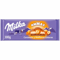 Chocolate con leche relleno de caramelo y avellanas enteras MILKA 300 g.