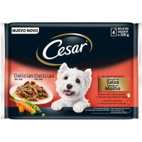 CESAR Delicias selección comida húmeda en salsa para perros pack con pollo y zanahorias 2 bolsa 100 g con buey tierno y verduras 2 bolsas 100 g