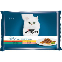 GOURMET Perle comida húmeda para gato selección de finas láminas de carne y pescado 4 bolsas 85 g con buey, pollo, conejo y salmón